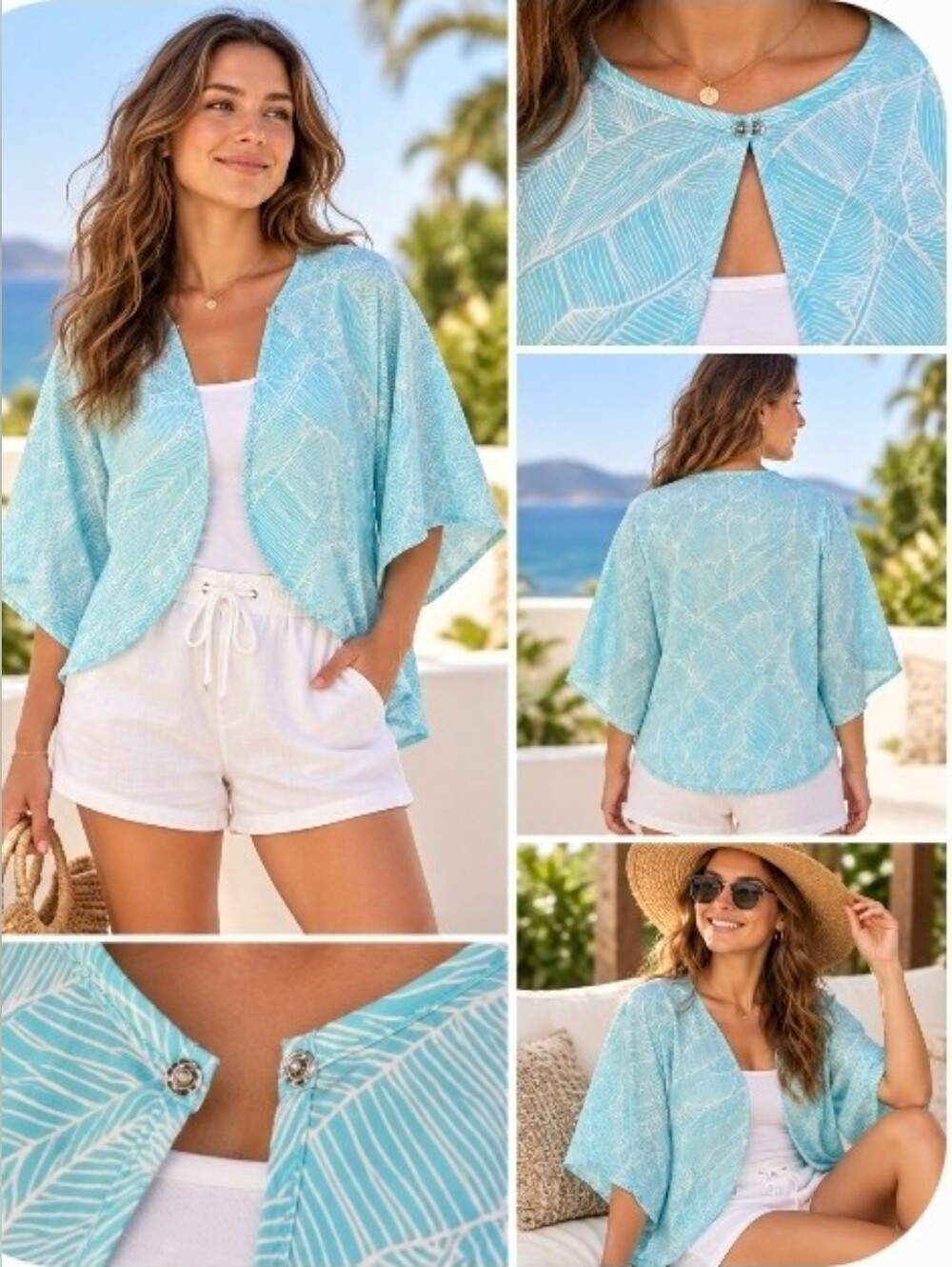 Coolibar Women's UPF 50+ Sun Protection Wrap Top S/M Aqua Tropical Leaf Print